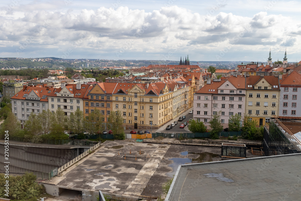 Spring view of Vltava river, boats and city view of Prague / Prague, Czech Republic, May 2019
