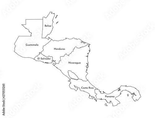 Vector illustration with simplified map of Central America. Black line silhouettes of states' border. White background