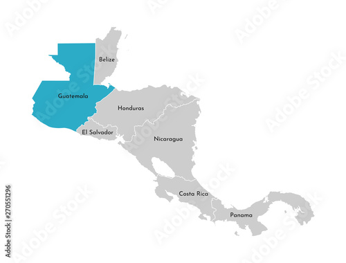 Vector illustration with simplified map of Central America region with blue contour of Guatemala. Grey silhouettes, white outline of states' border