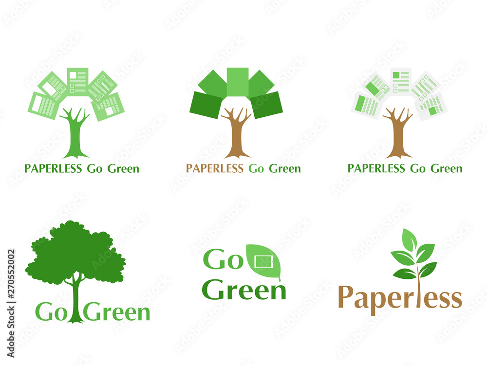 Set of paperless LOGO go green concept, paper tree, document leaf, save