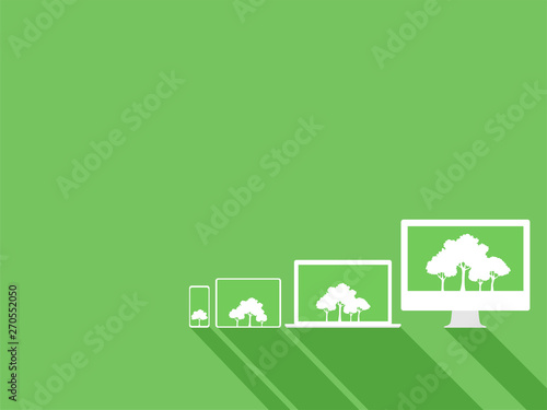 Set of white device gadgets white trees on green display paperless go green concept, leaf, tree, tablet, phone, computer, paperless idea conceptual design go green, save the planet, flat vector