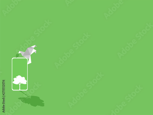White paper bird with green leaf, white smart phone device gadgets white trees on green display paperless idea go green concept, conceptual design, save the planet, Low polygonal style flat vector
