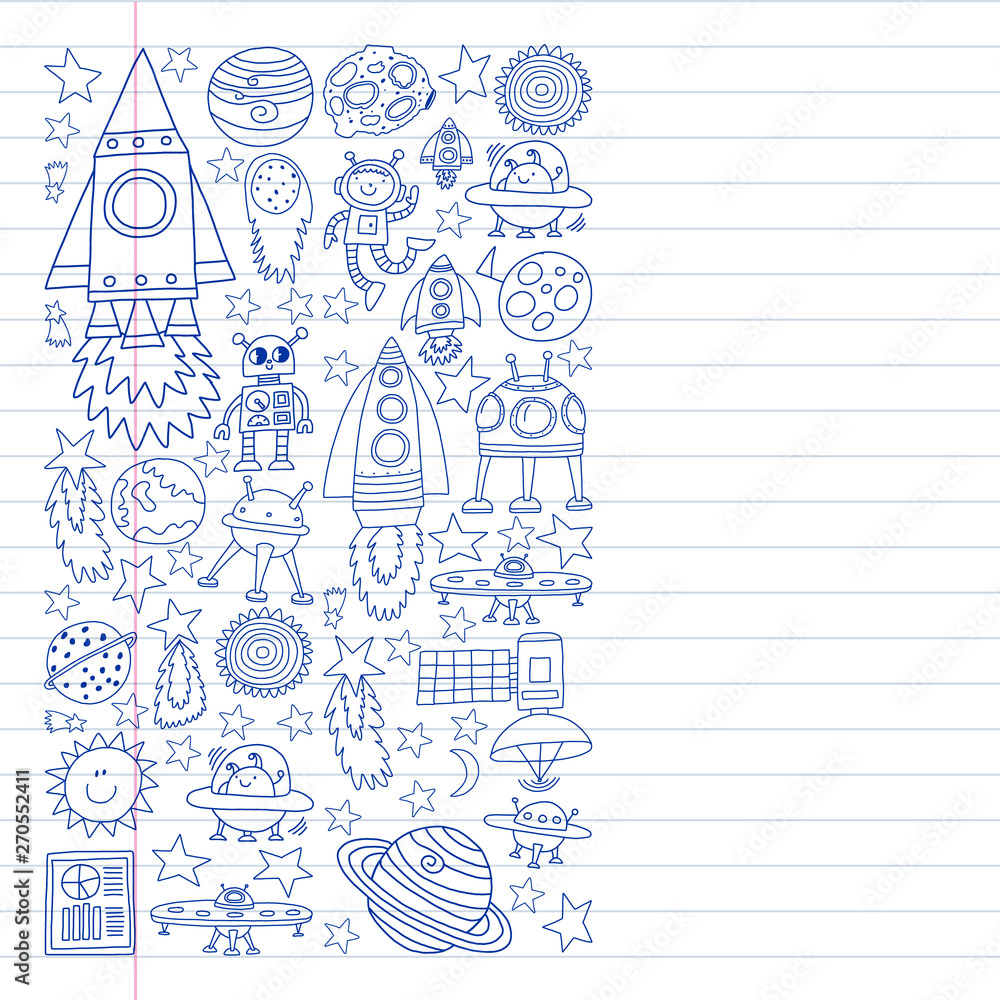 Vector set of space elements icons in doodle style. Painted, drawn with a pen, on a sheet of checkered paper on a white background.