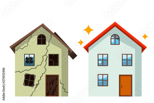 An old, ruined house in cracks with broken glasses and a renovated beautiful country cottage. concept before and after repair. flat vector illustration