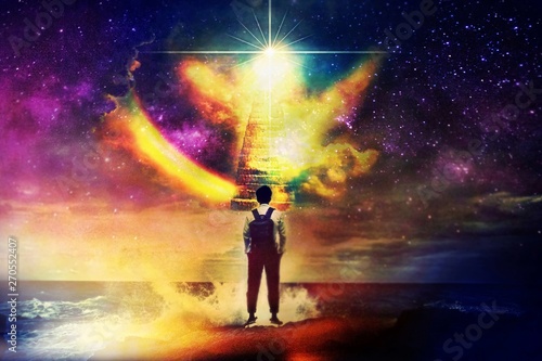 Man standing on the heaven and divine gate to the other world  multi universe theory  time traveler.