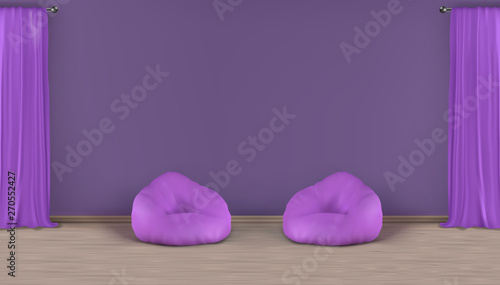 Home living room, lounge zone realistic vector minimalistic violet interior mockup with empty wall behind two bean bag chairs on laminated floor, window heavy curtains on metallic rods illustration