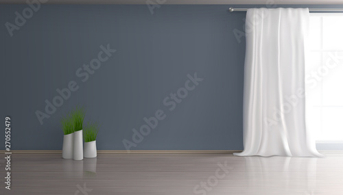 Home living room, apartment hall empty interior 3d realistic vector mockup with white curtain on large window, blue wall, parquet or laminate floor, group of flowerpots with green plants illustration