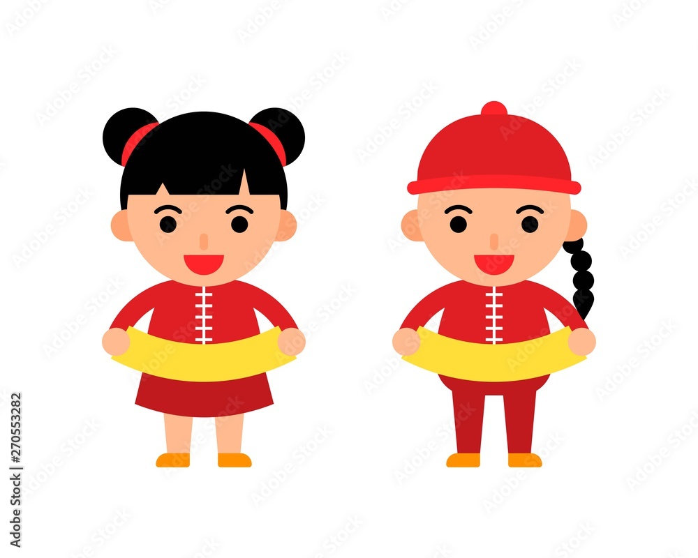 china new year illustration flat design of boy and girl for use as poster or banner china new year illustration flat design of boy and girl for use as poster or banner