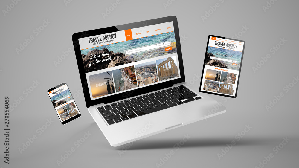 flying tablet, laptop and mobile phone showing travel agency responsive web design - obrazy, fototapety, plakaty 
