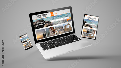 flying tablet, laptop and mobile phone showing travel agency responsive web design