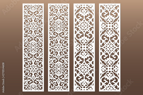 Die and laser cut decorative ornamental borders patterns. Set of bookmarks templates. Cabinet fretwork panel. Lasercut metal screen. Wood carving. Vector.