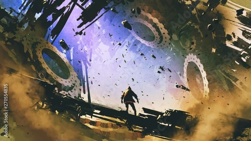  man standing in abandoned planet, motion painting