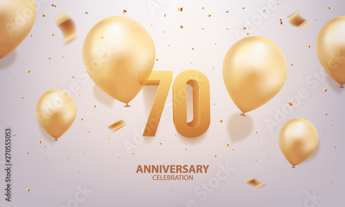70th Anniversary celebration. 3D Golden numbers with confetti and balloons.