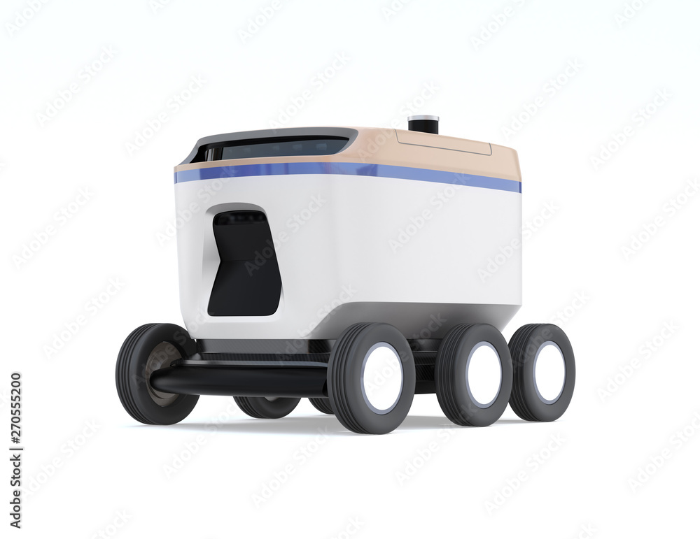 Self-driving delivery robot isolated on white background. 3D rendering image. Self-driving delivery robot isolated on white background. 3D rendering image.
