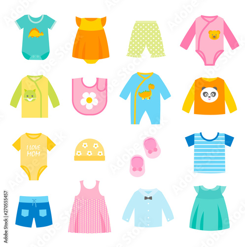 Children clothes icons set. Dress for boys and girls, baby and toddlers.