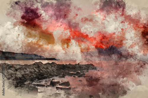 Watercolor painting of Beautiful sunset landscape image of rocky coastline in Kimmeridge Dorset England