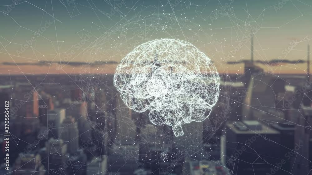 Digital animation of brain hologram. Holographic rendering brain, against the background of skyscrapers. concept of business processes and communications, technology, connection