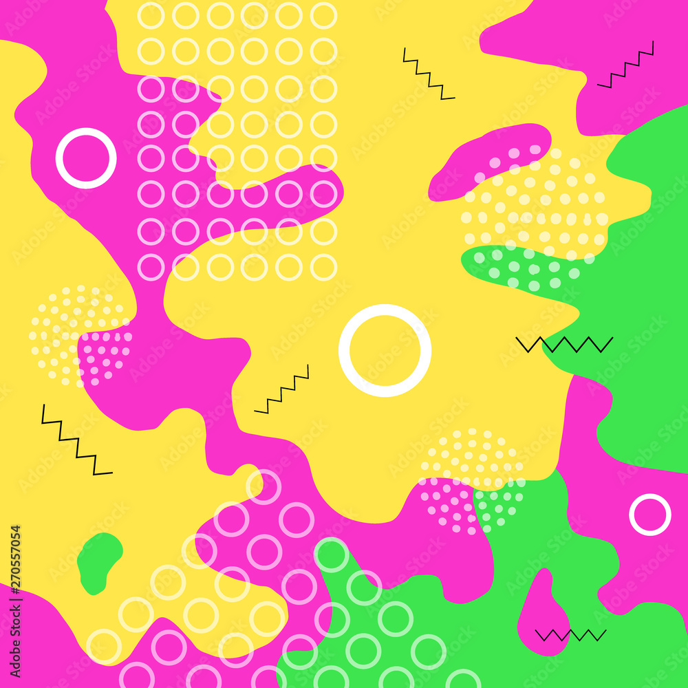 Fototapeta Color abstract background. Colorful spotty pattern of geometric shape, line and dot. Children playground. Vector illustration in Memphis style