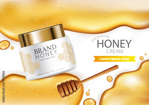 Honey infused cream Vector realistic mock up. White bottles cosmetics. Product placement label design. Detailed 3d illustrations