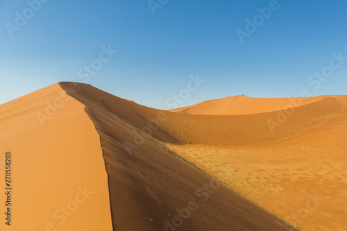 close-up sand dunes in Namib desert, blue sky