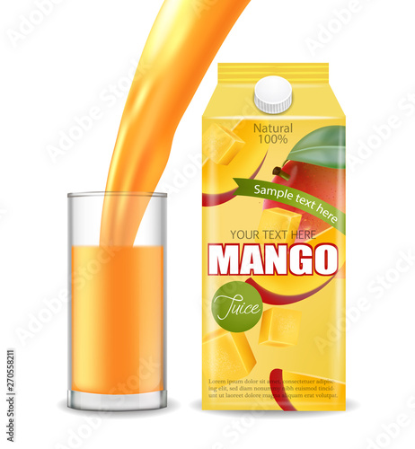 Mango juice Vector realistic. Product placement mock up. Pouring drink in a g...