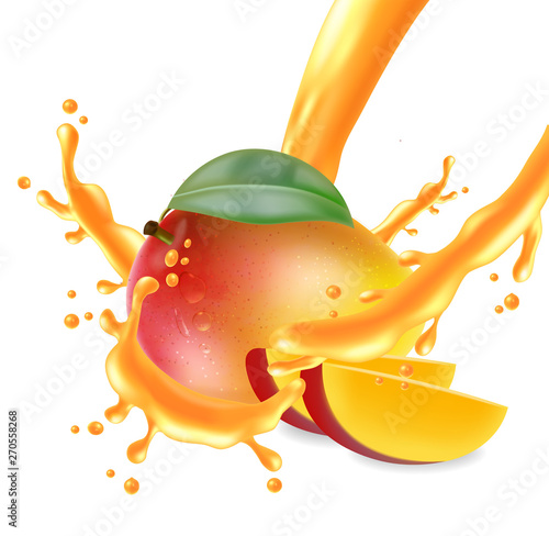 Mango fruit sliced with juice splash Vector realistic. Detailed elements design. 3d illustrations