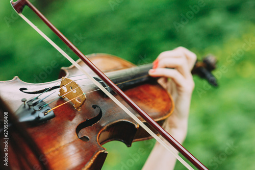 Beautiful girl in a black dress plays the violin in the woods
