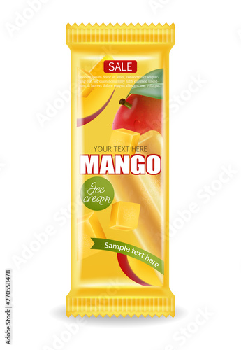 Mango ice cream package Vector realistic. Product placement label design. Det...