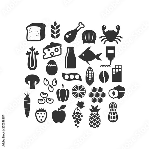 Various food ingredients black vector icon collection. Food products symbol set, bread, apple, meat, fish and ect.