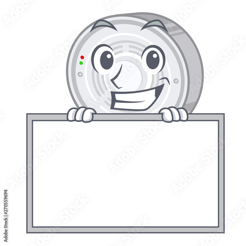 Grinning with board smoke detector attached the character wall