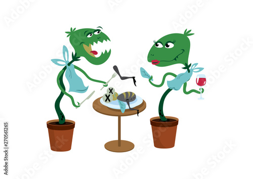 Carnivorous plant couple having a romantic dinner vector. Funny carnivorous flower cartoon character. Carnivorous plant icon isolated on a white background