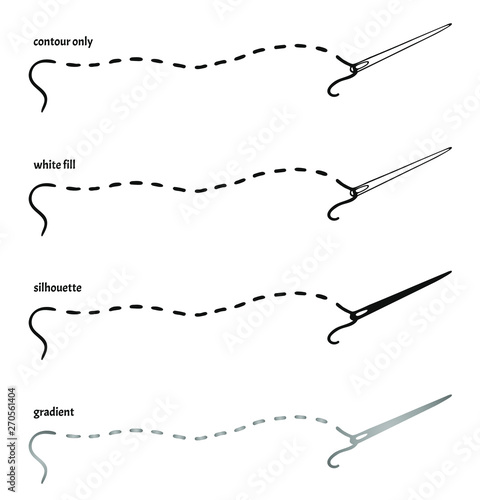 Set of four hand drawn sewing needles with thread in different versions: contour only, white fill, silhouette, gradient. Isolated logo or label vector illustration