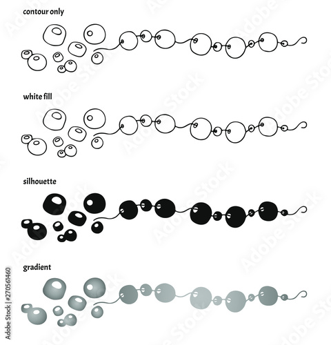 Set of four hand drawn necklaces and beads or pearls in different versions: contour only, white fill, silhouette and gradient. Isolated logo or label vector illustration