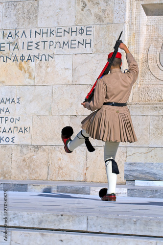 back of the soldier Evzona at the post near the grave of the unknown soldier in Athens on Syntagmatos Square, the changing of the guard