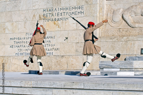 back of the Evzone soldiers at the post near the grave of the unknown soldier in Athens on Syntagmatos Square, the changing of the guard