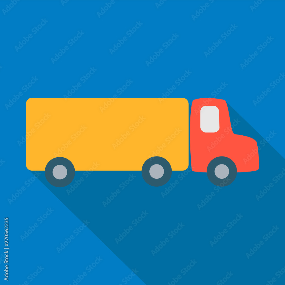 Cargo truck with a red cab and a yellow body on a blue background. Simple style flat icon with long shadow. Cargo truck with a red cab and a yellow body on a blue background. Simple style flat icon with long shadow.