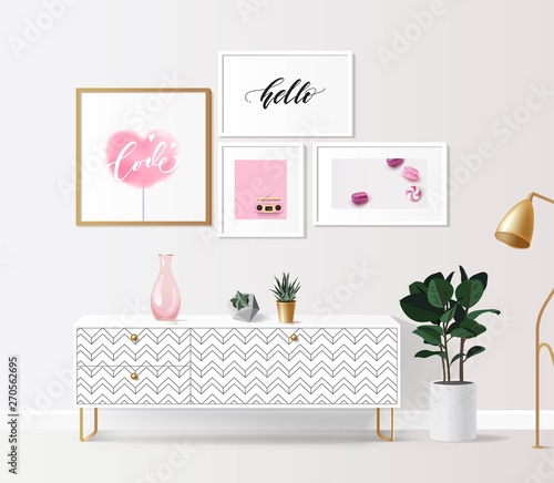 White sideboard with plants and posters on it against white wall. Modern interior in pink, white, gold and grey colors and geometric patterns. Vector illustration