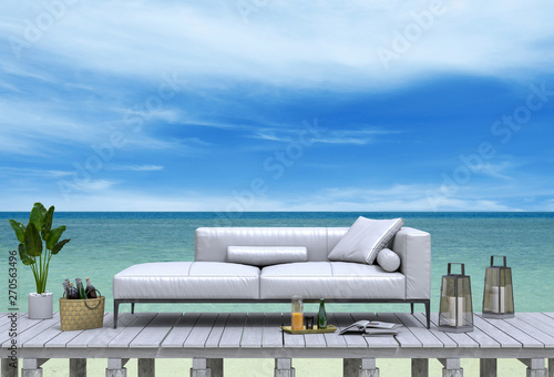 3D rendering of the beach lounge - sundeck on sea view for vacation. © srijaroen