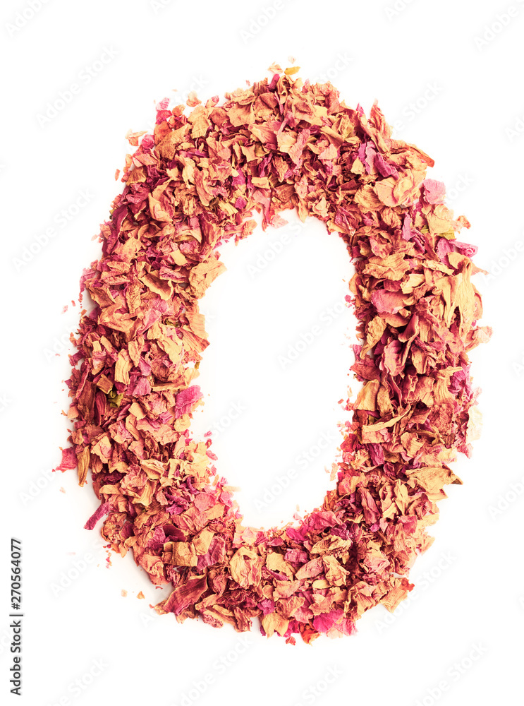 Number 0 Zero made of rose petals, isolated on white background. Food typography. Design element.