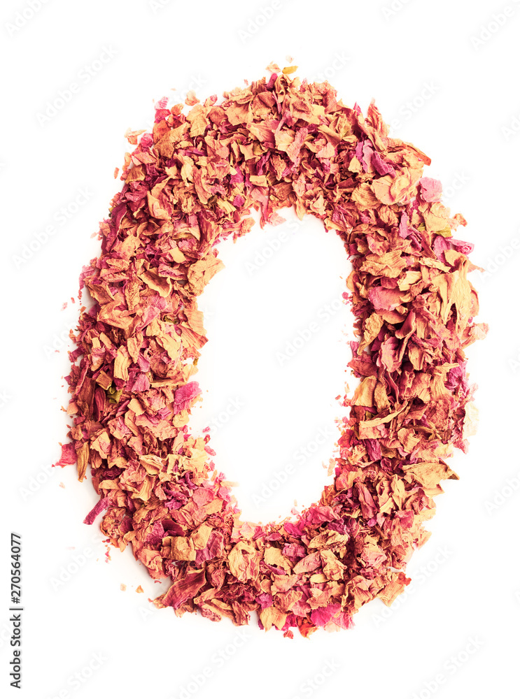 Number 0 Zero made of rose petals, isolated on white background. Food typography. Design element. Number 0 Zero made of rose petals, isolated on white background. Food typography. Design element.