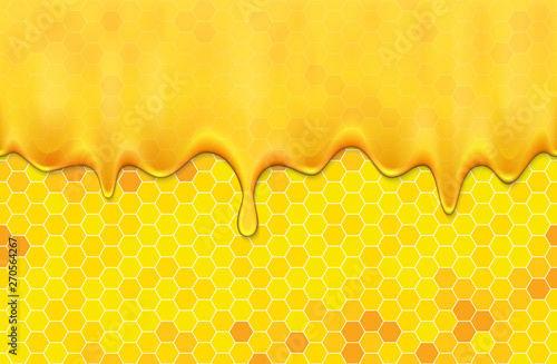 Dripping honey and honeycombs. Transparent seamless pattern.