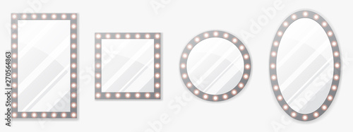 Set of makeup mirror with gold lights. Vector illustration