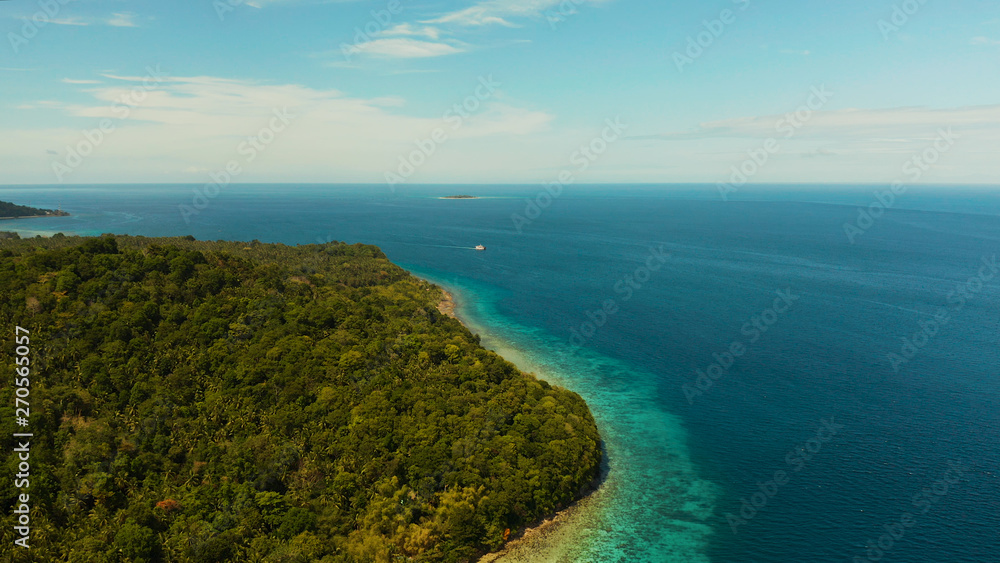 Coastline with forest and palm trees, coral reef with turquoise water, aerial view. Seascape of tropical island covered with green forest against the blue sky with clouds and blue sea