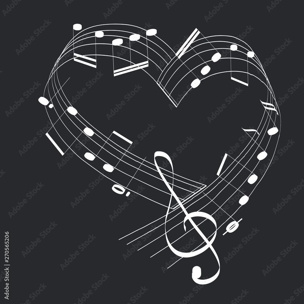 Music notes in the shape of the heart. Vector illustration of white music  notes on black background. Stock Vector | Adobe Stock