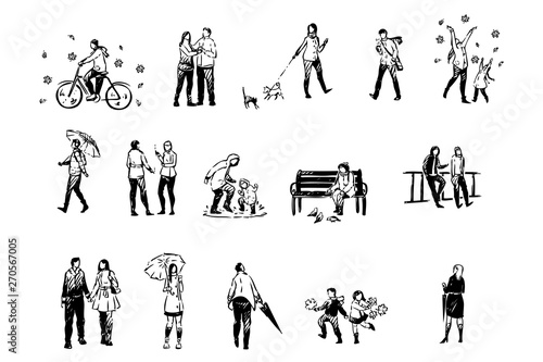 Fall season, men and women with umbrellas outside, rainy weather, friends and couples on outdoor walk set