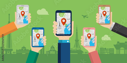 mobile gps navigation service flat illustration.  Hand-holding mobile phone with map application ( Tokyo city sightseeing )