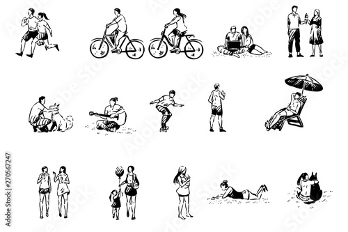 Jogging, cycling, ice cream eating, pet walking, playing guitar, sunbathing, skating, summer leisure set