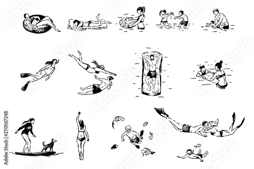 Friends and families with children, summertime recreation, swimming, diving, surfing, people at sea resort set