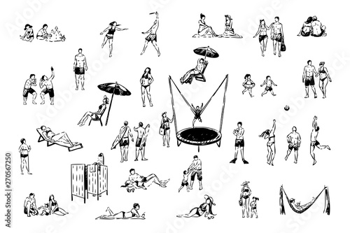 Men and women relax at resort, friends playing volleyball, child jumping on trampoline, people on beach set