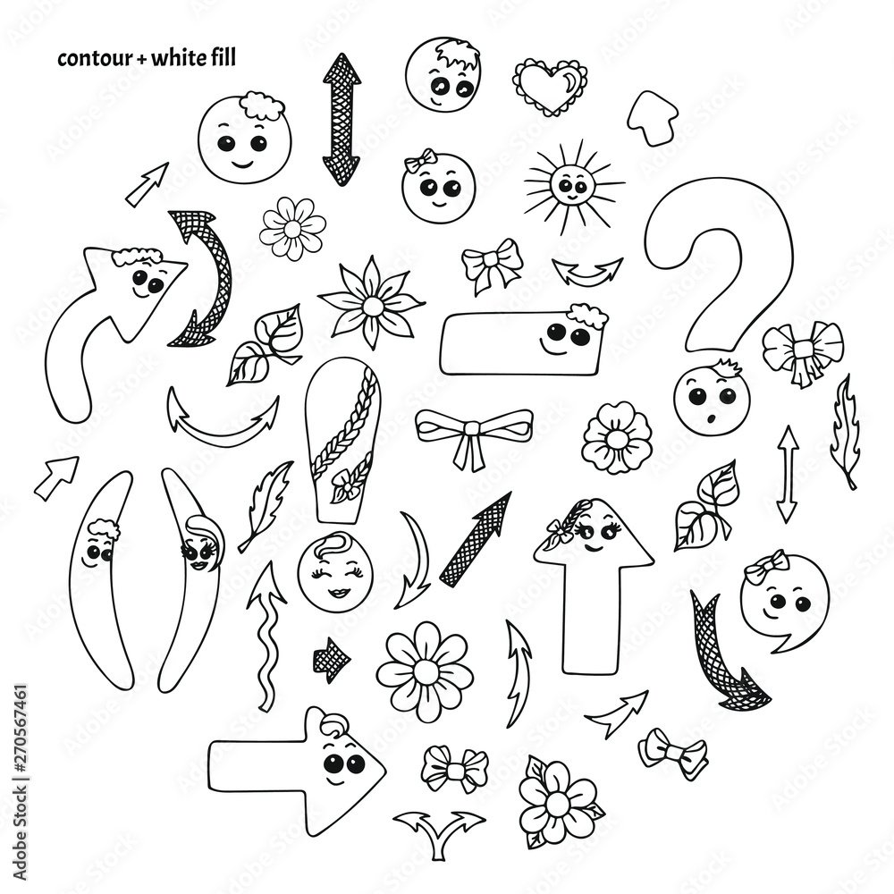 Set of hand drawn cute smiling kawaii punctuation marks, accessories and  nature elements in doodle style. Colorless (black contour with white fill)  funny cartoon isolated vector illustration Stock Vector | Adobe Stock